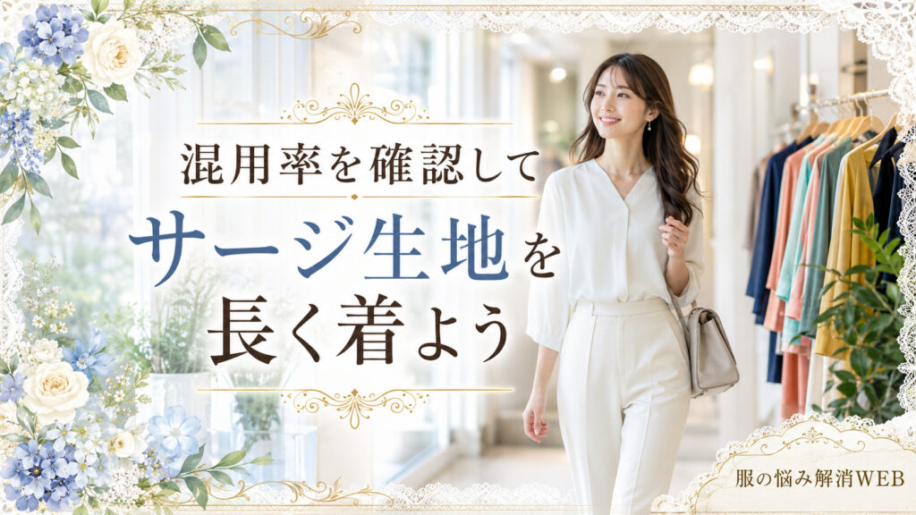 混用率を確認して正しく手入れしたサージ生地の衣類を着て、白い服の女性が明るい店内を歩いている画像