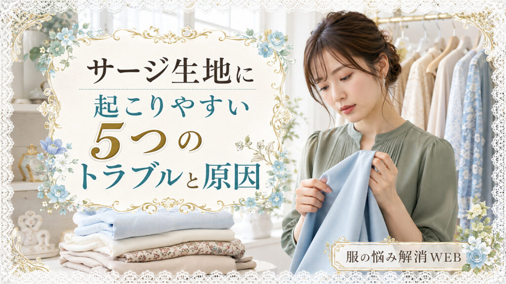 サージ生地に起こりやすいトラブルを確認するため、くすみグリーンの服を着た女性が水色の生地を調べている画像