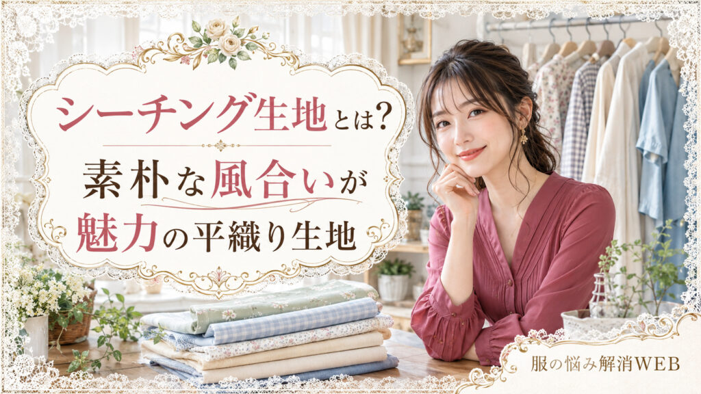 シーチング生地と淡い色の布を並べた明るい室内で、赤紫色のブラウスを着た女性が微笑んでいる画像