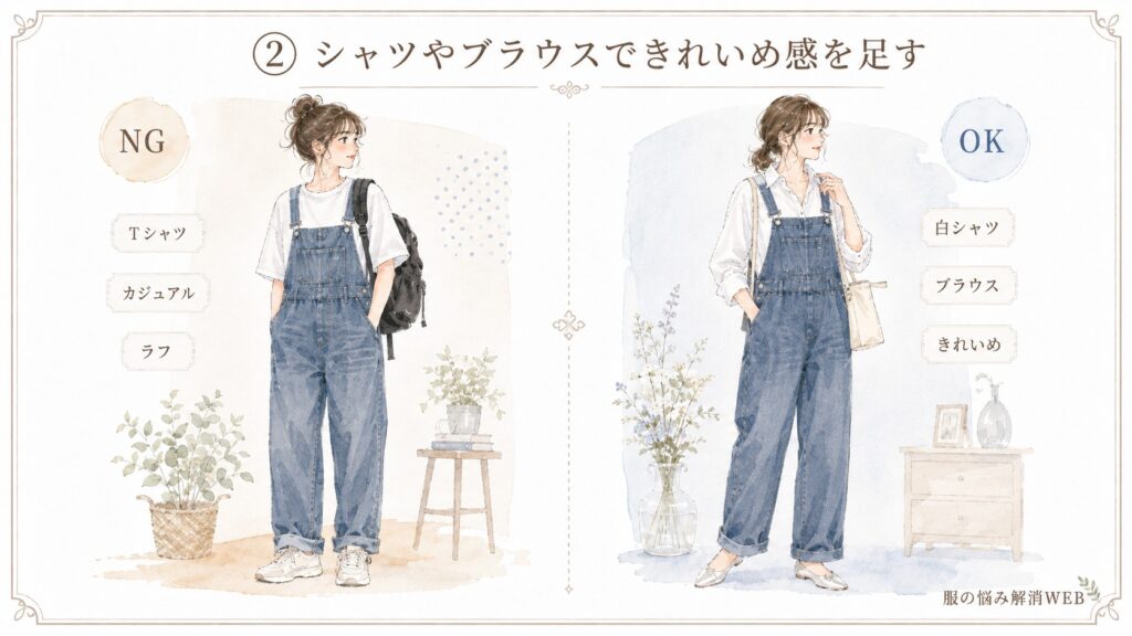 Tシャツでラフに見えるNG例と、白シャツやブラウスできれいめに整えたサロペットコーデのOK例