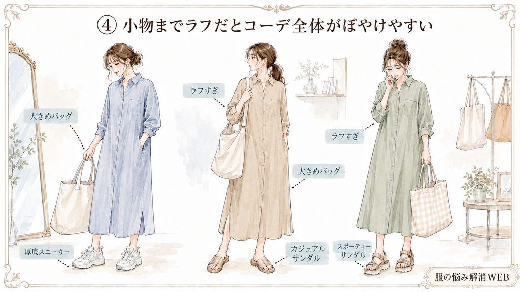 ラフなバッグや靴を合わせてコーデ全体がぼやけやすいシャツワンピースの例