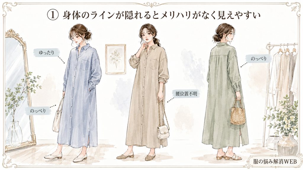 身体のラインが隠れてメリハリがなく見えやすいシャツワンピースの着こなし例