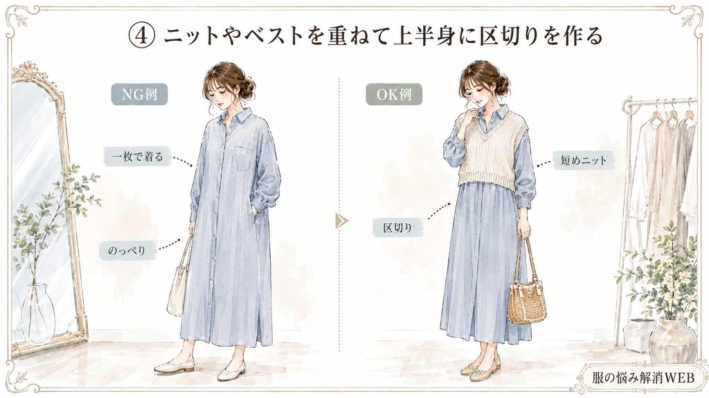 シャツワンピースを一枚で着たNG例と短めニットやベストを重ねて上半身に区切りを作ったOK例