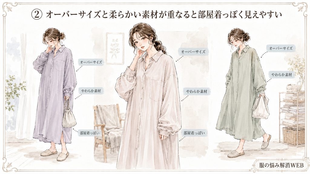 オーバーサイズと柔らかい素材が重なり部屋着っぽく見えやすいシャツワンピースの例
