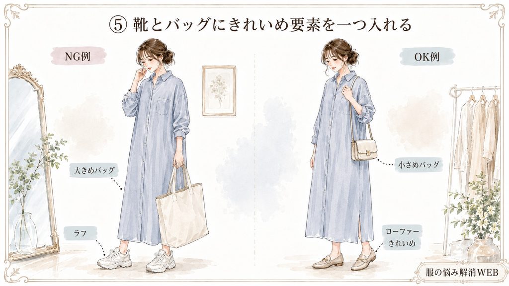 ラフな靴と大きめバッグを合わせたNG例と小さめバッグやローファーできれいめに整えたOK例