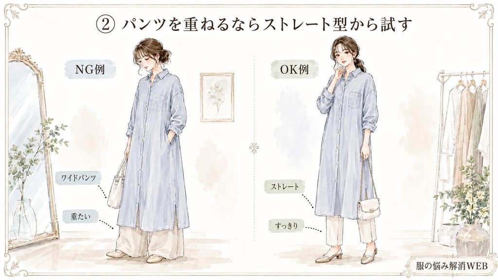 シャツワンピースにワイドパンツを重ねたNG例とストレートパンツですっきり見せたOK例