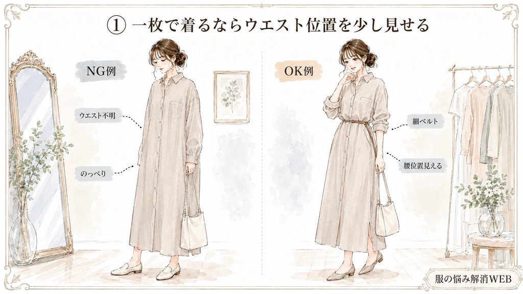 シャツワンピースを一枚で着るときのウエスト位置を見せないNG例と細ベルトで整えたOK例