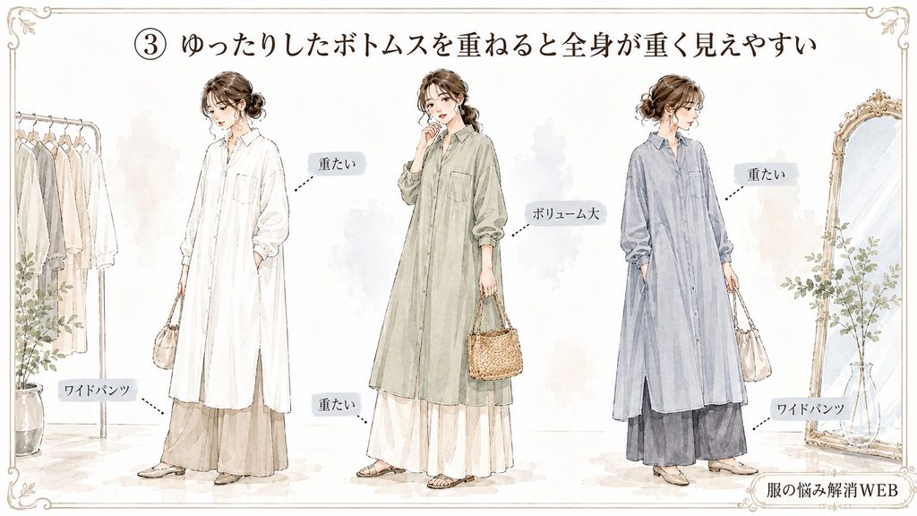 ゆったりしたボトムスを重ねて全身が重く見えやすいシャツワンピースコーデの例