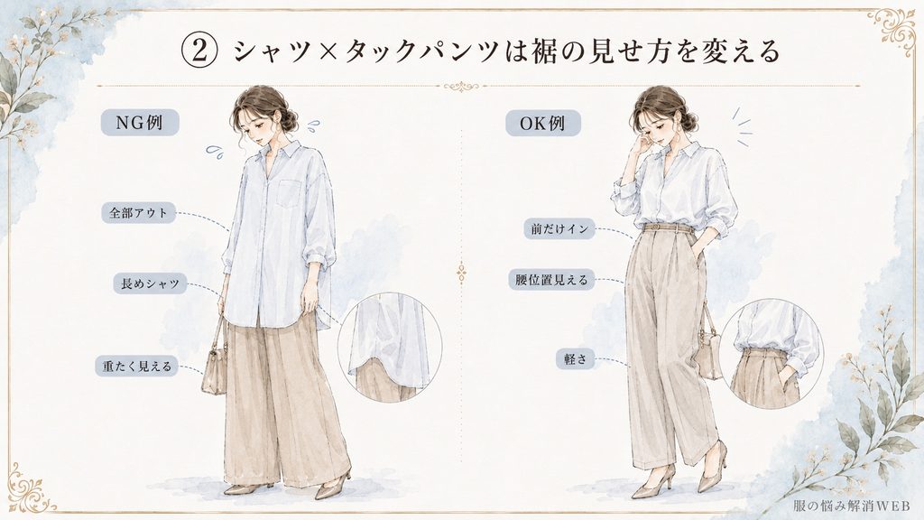 長めシャツを全部出したNG例と、前だけインして腰位置を見せたタックパンツのOKコーデ比較