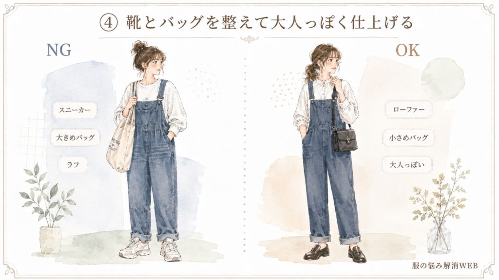 スニーカーと大きめバッグのラフなNG例と、ローファーと小さめバッグで大人っぽく整えたサロペットコーデのOK例