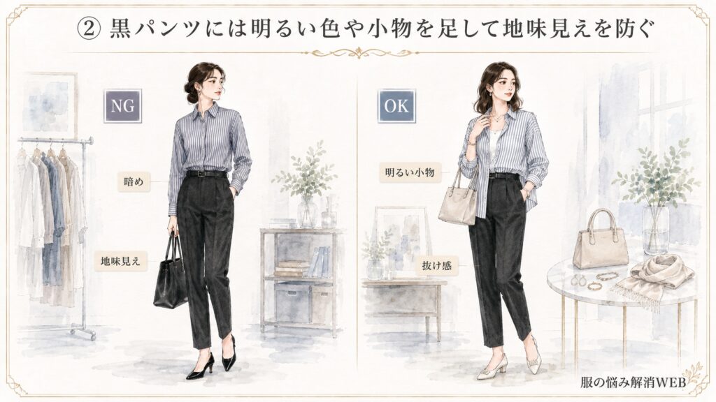 ストライプシャツと黒パンツを暗い色だけでまとめたNG例と、明るいバッグや靴を加えて抜け感を出したOK例の比較