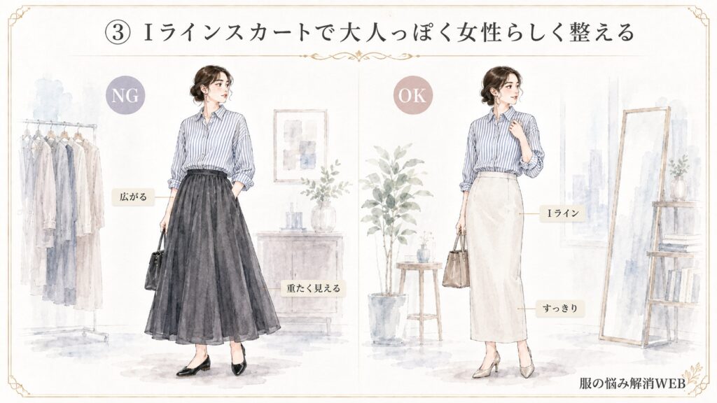 ストライプシャツに広がるフレアスカートを合わせたNG例と、Iラインスカートですっきり整えたOK例の比較