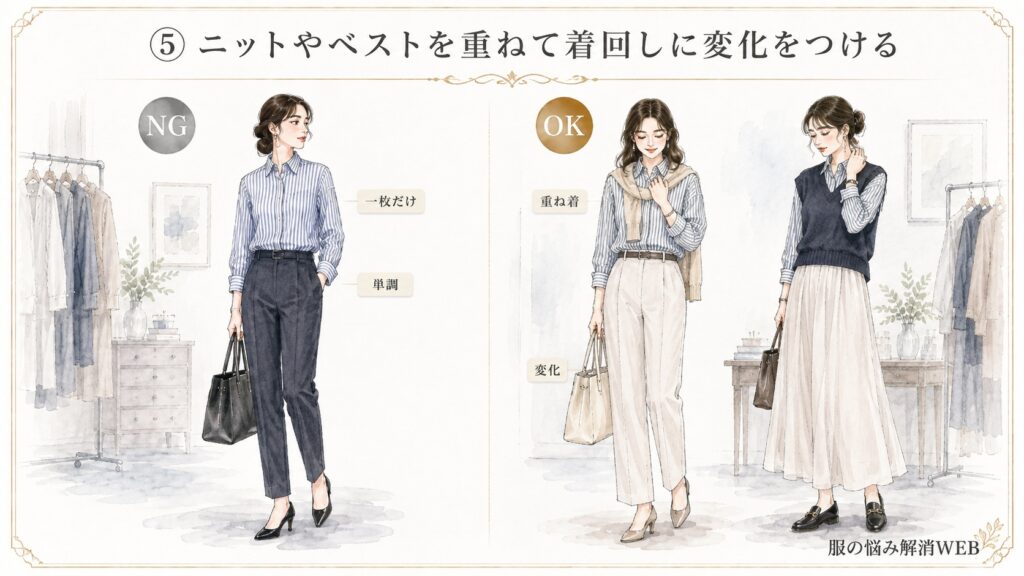 ストライプシャツを一枚で単調に着たNG例と、ニットやベストを重ねて着回しに変化をつけたOK例の比較