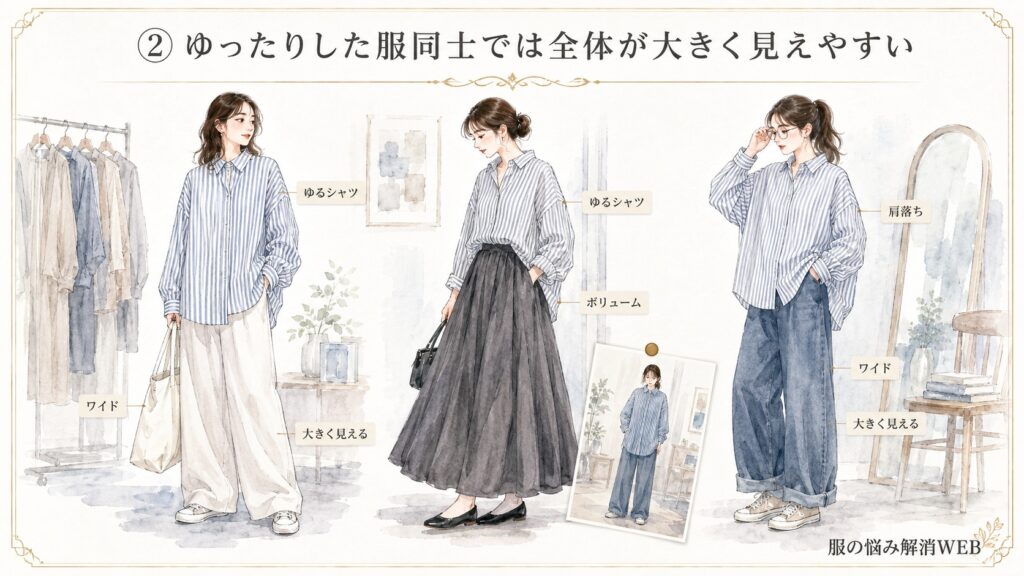 ゆったりしたストライプシャツにワイドパンツやボリュームスカートを合わせ、全体が大きく見える女性コーデ3例