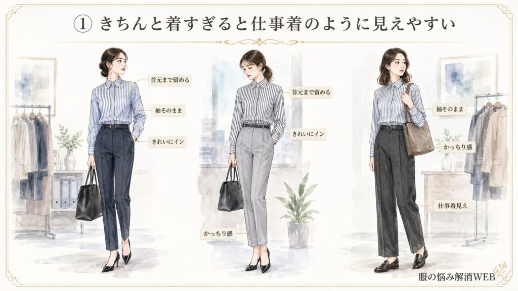 ストライプシャツの首元までボタンを留め、袖を下ろして裾をきれいに入れたことで、仕事着のように見える女性コーデ3例