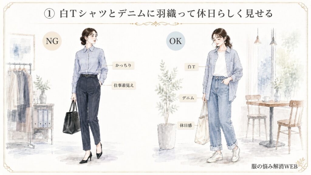 ストライプシャツを仕事着のように着たNG例と、白Tシャツとデニムの上に羽織って休日らしく見せたOK例の比較