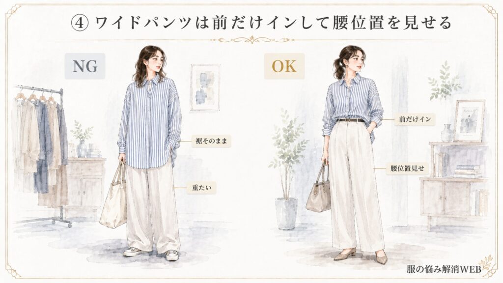 ストライプシャツの裾を出してワイドパンツに合わせたNG例と、前だけインして腰位置を見せたOK例の比較
