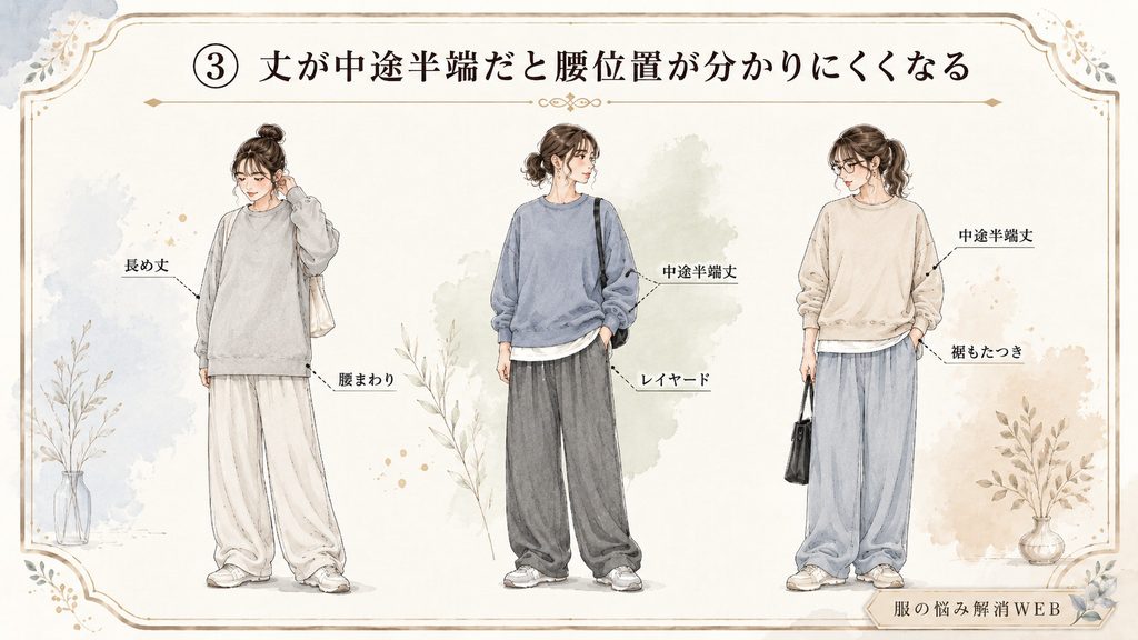 中途半端な丈のスウェットで腰位置が分かりにくく見える女性コーデのNG例を比較したイラスト