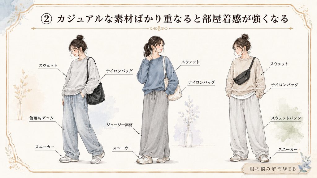 スウェットや色落ちデニム、スニーカーなどカジュアル素材を重ねて部屋着っぽく見える女性コーデのイラスト
