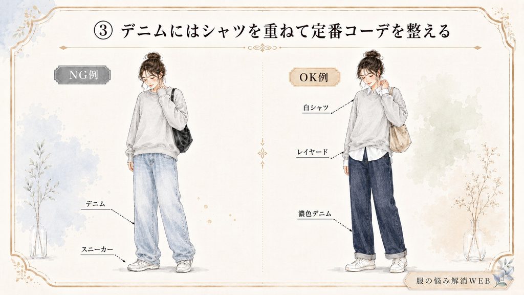 スウェットとデニムだけのNG例と、白シャツをレイヤードして濃色デニムを合わせたOK例の比較イラスト