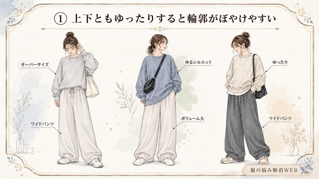 上下ともゆったりしたスウェットコーデで輪郭がぼやけて見える女性のNG例を比較したイラスト
