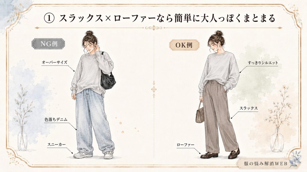スウェットに色落ちデニムとスニーカーを合わせたNG例と、スラックスとローファーを合わせた大人っぽいOK例の比較イラスト