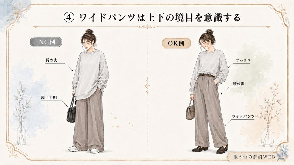 長め丈のスウェットで腰位置が分かりにくいNG例と、裾を整えてワイドパンツとの境目を見せたOK例の比較イラスト
