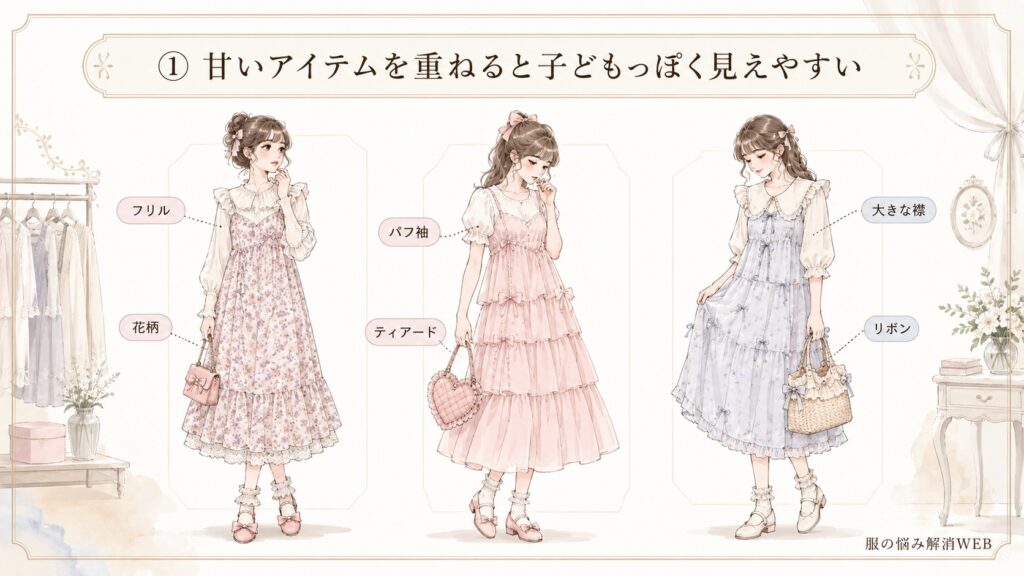 フリルや花柄、パフ袖、大きな襟など甘いアイテムを重ね、子どもっぽく見えやすいキャミワンピコーデ3例