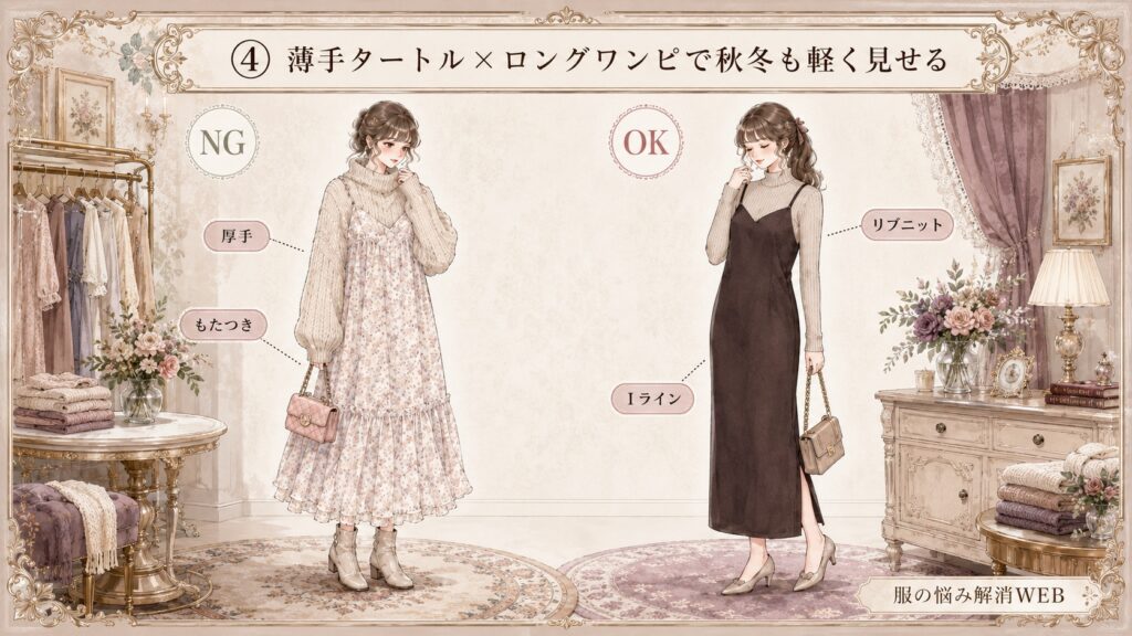 厚手ニットで着膨れして見えるロングキャミワンピのNG例と、薄手タートルで秋冬も軽く見せたOK例