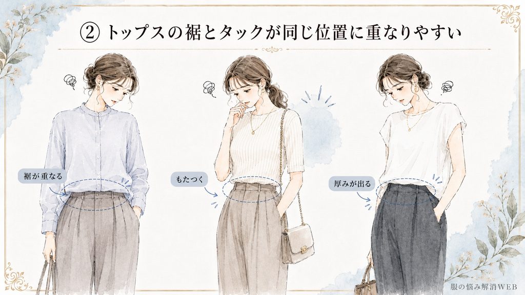トップスの裾とタックが腰回りで重なり、もたつきや厚みが出て見えるタックパンツのNGコーデ例