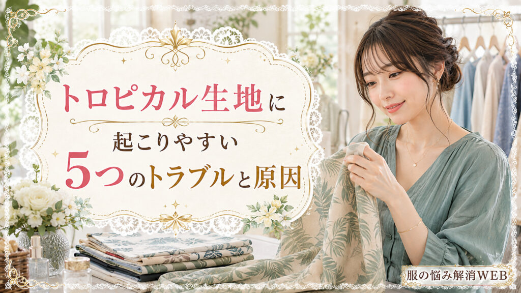 トロピカル生地に起こりやすいトラブルを確認するため、くすみグリーンの服を着た女性が柄入りの薄手生地を手に取って見ている画像