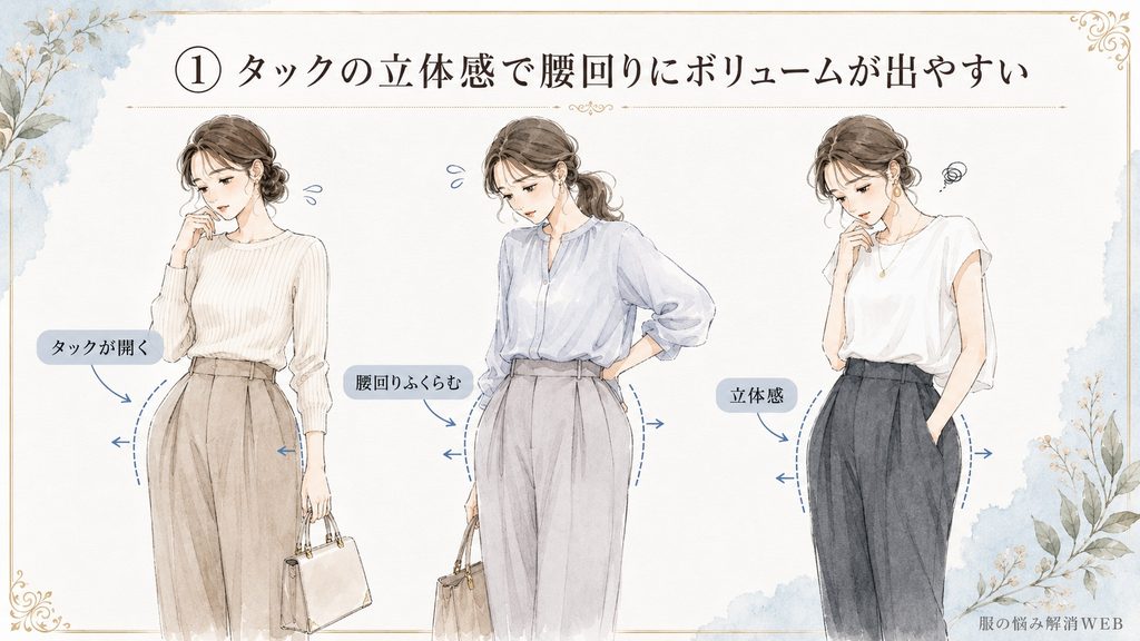 タックが開くことで腰回りに立体感やボリュームが出て見えるタックパンツのNGコーデ例