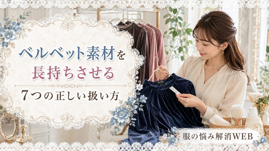 ベルベットの洋服の洗濯表示を確認しながら正しいお手入れ方法を確認する女性