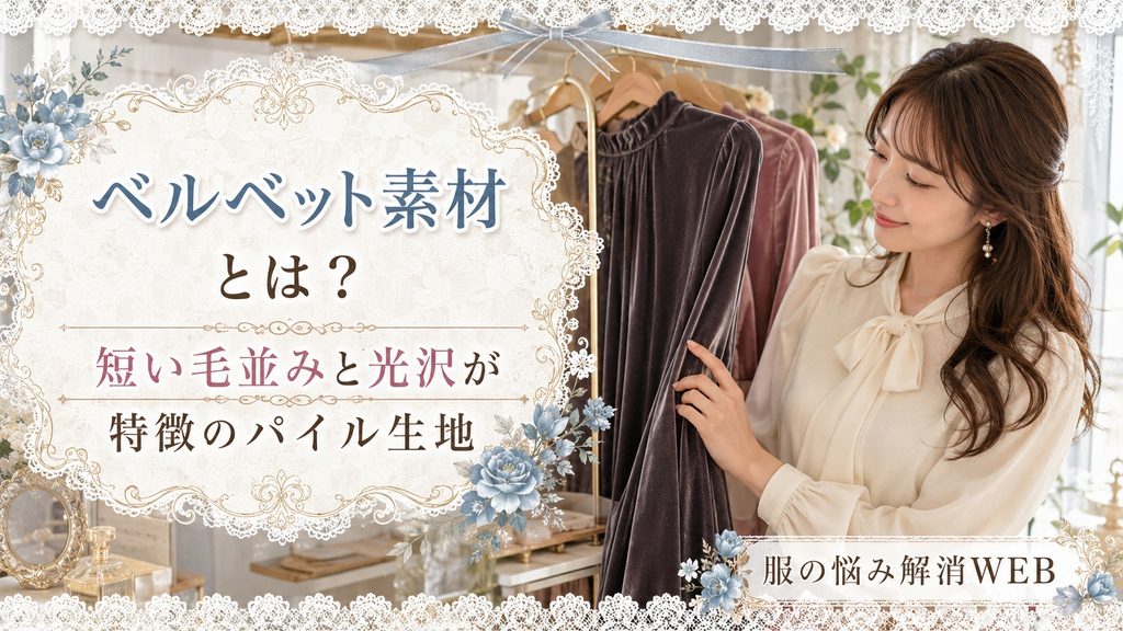 ベルベットの洋服に触れながら、短い毛並みと上品な光沢を確認する女性