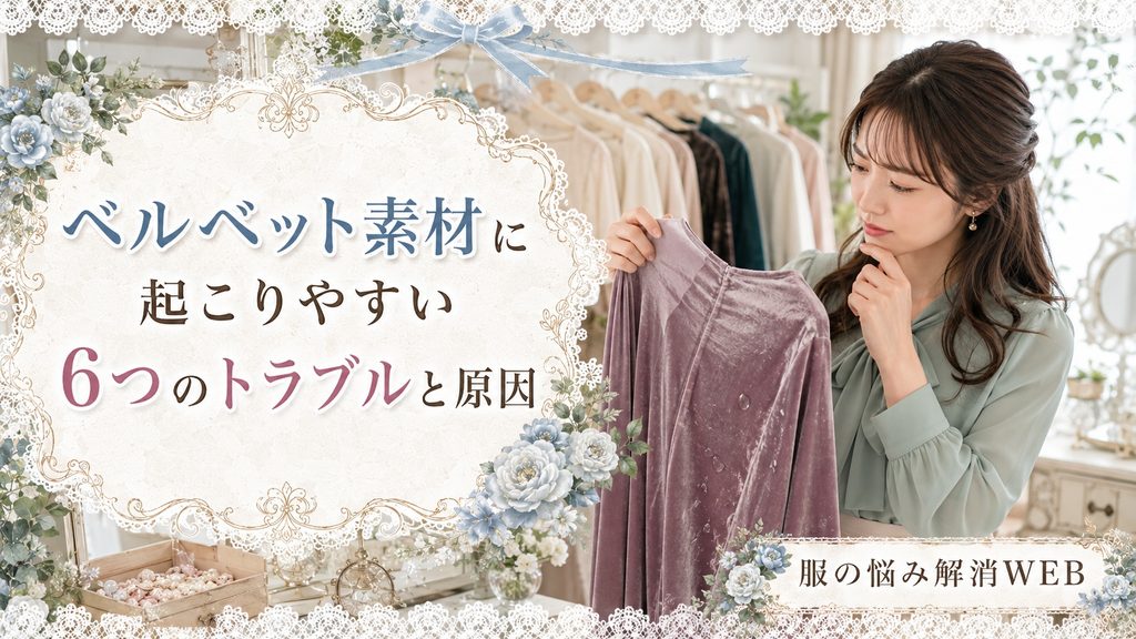 毛並みの乱れや水滴跡などが見えるベルベットの洋服を確認して悩む女性