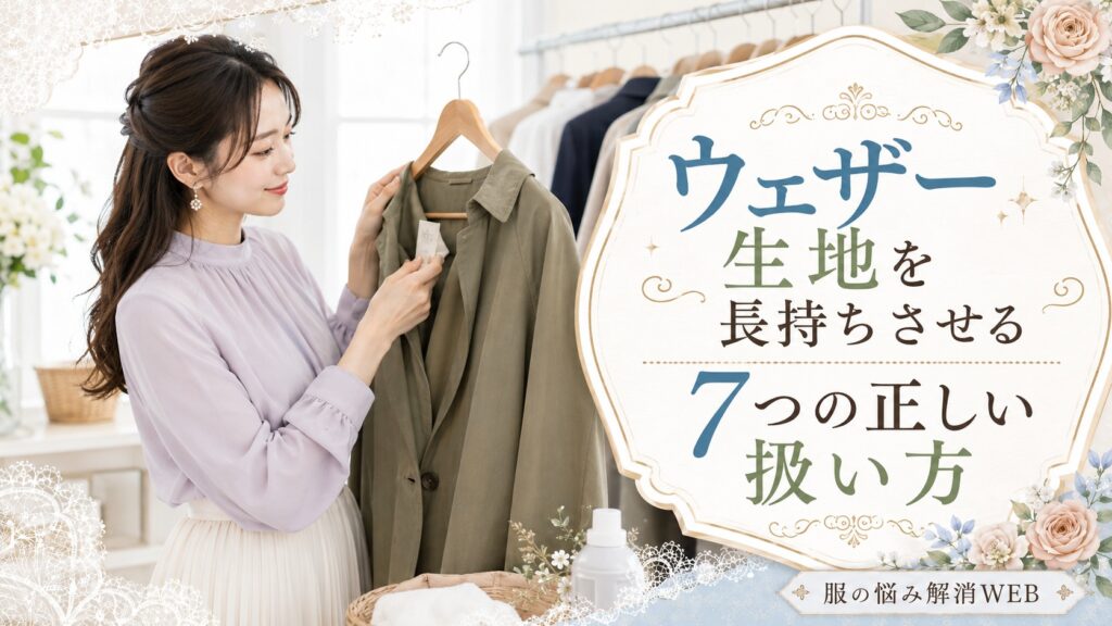 ウェザー生地の衣類の洗濯表示を確認しながら丁寧にお手入れする女性