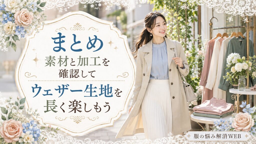 きれいに手入れされたウェザー生地のコートを着て明るい街中を歩く女性
