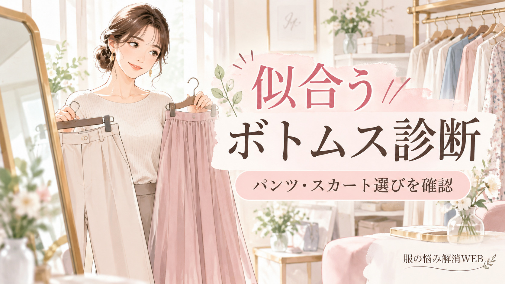 似合うボトムス診断｜パンツとスカートを手に持ち、自分に合うシルエットを比較する女性のファッションイラスト