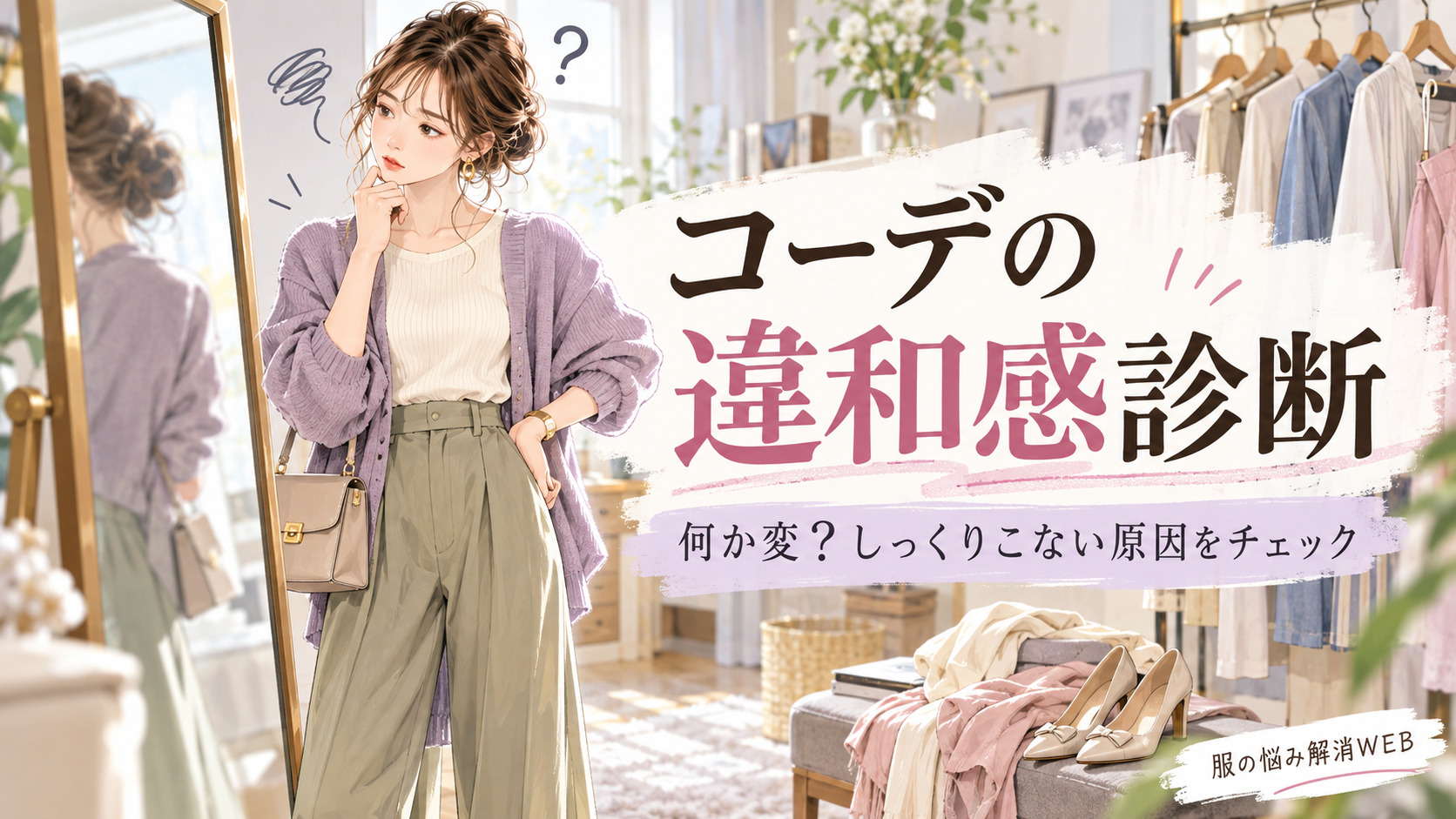 鏡の前でコーディネートの違和感に悩む女性のイラスト。「コーデの違和感診断」のサムネイル画像。