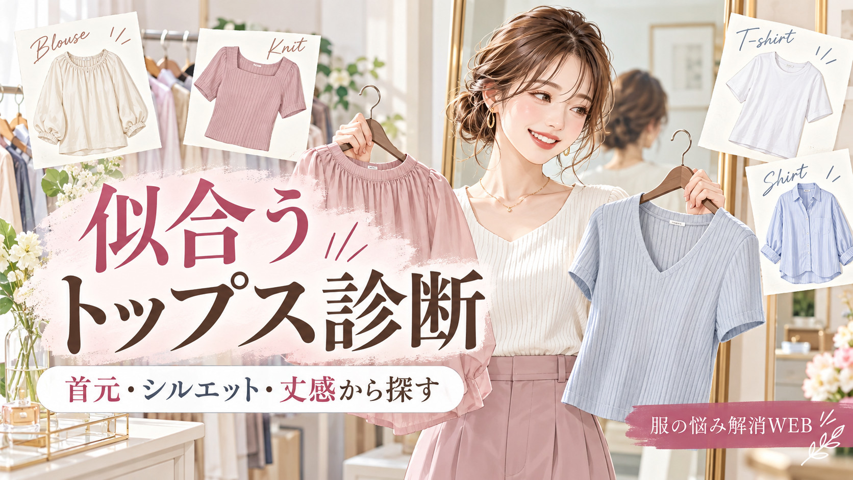 ブラウスやニットなど異なる形のトップスを比較する女性を描いた「似合うトップス診断」のサムネイル画像